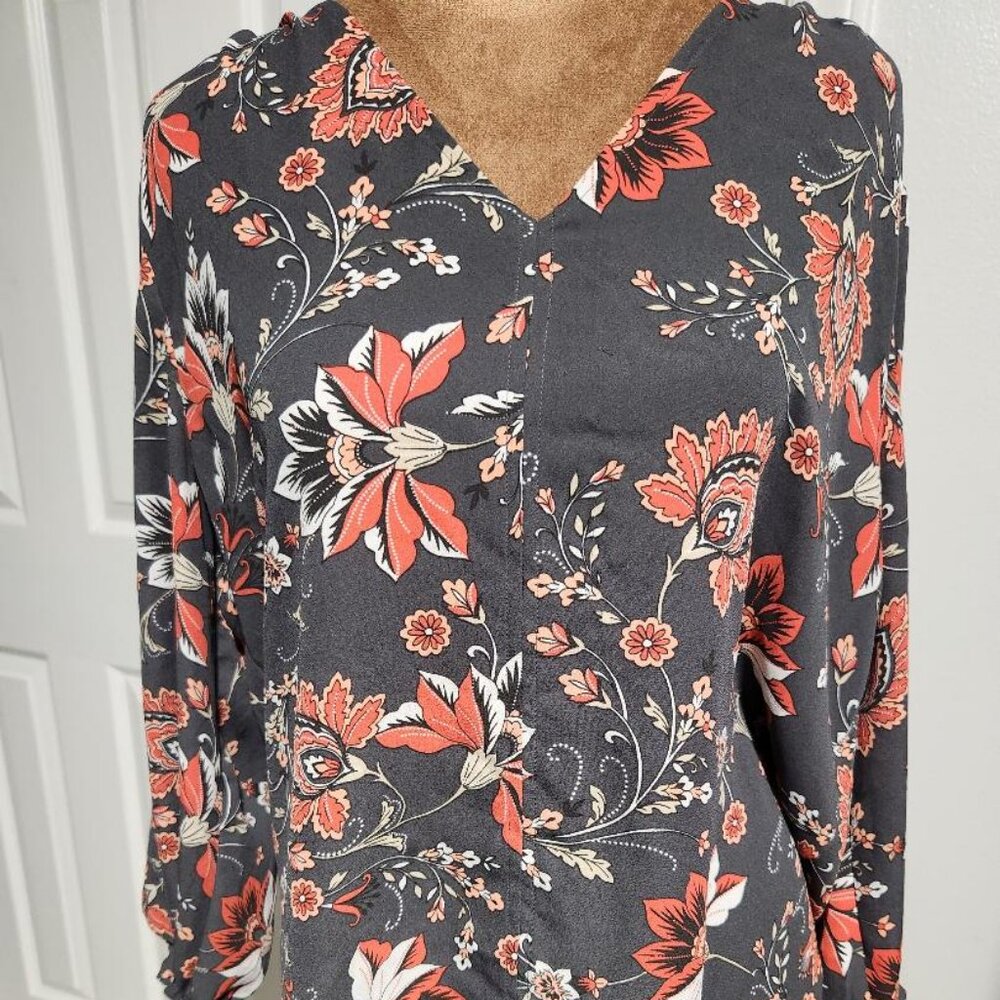 Loft Floral V-Neck Boho Blouse Long Sleeves Gray Coral Sz Large Petite